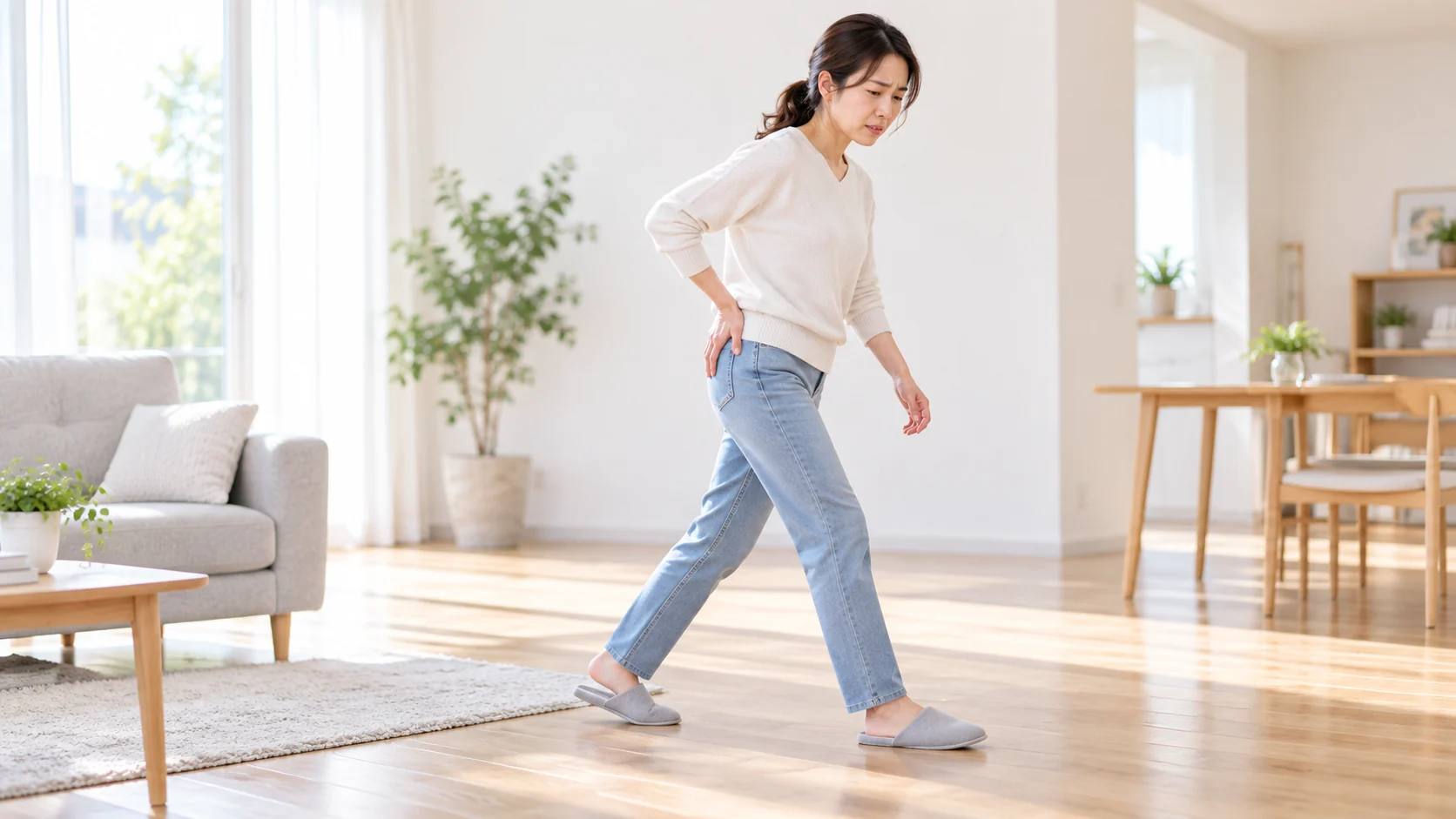 股関節の痛みで足を後ろに出しにくく歩く場面のイメージ