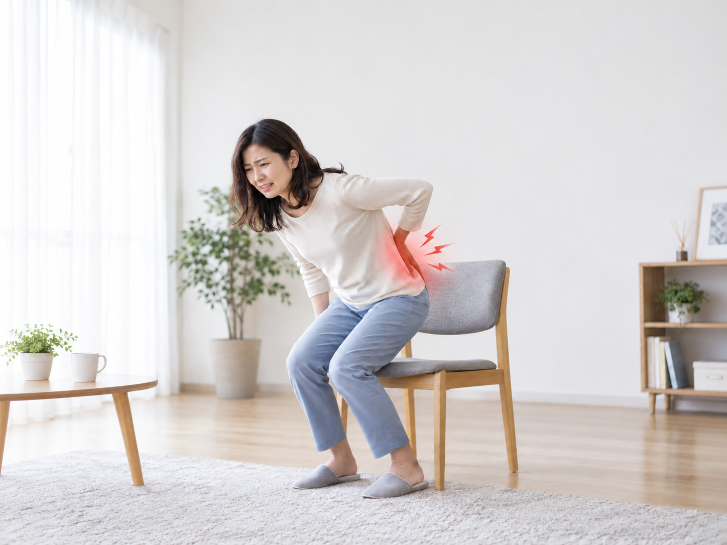 椅子から立ち上がるときに腰が痛む場面のイメージ
