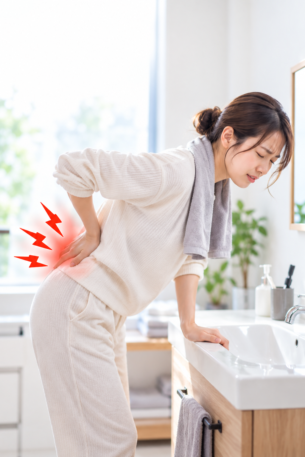 顔を洗うときに腰が痛む場面のイメージ