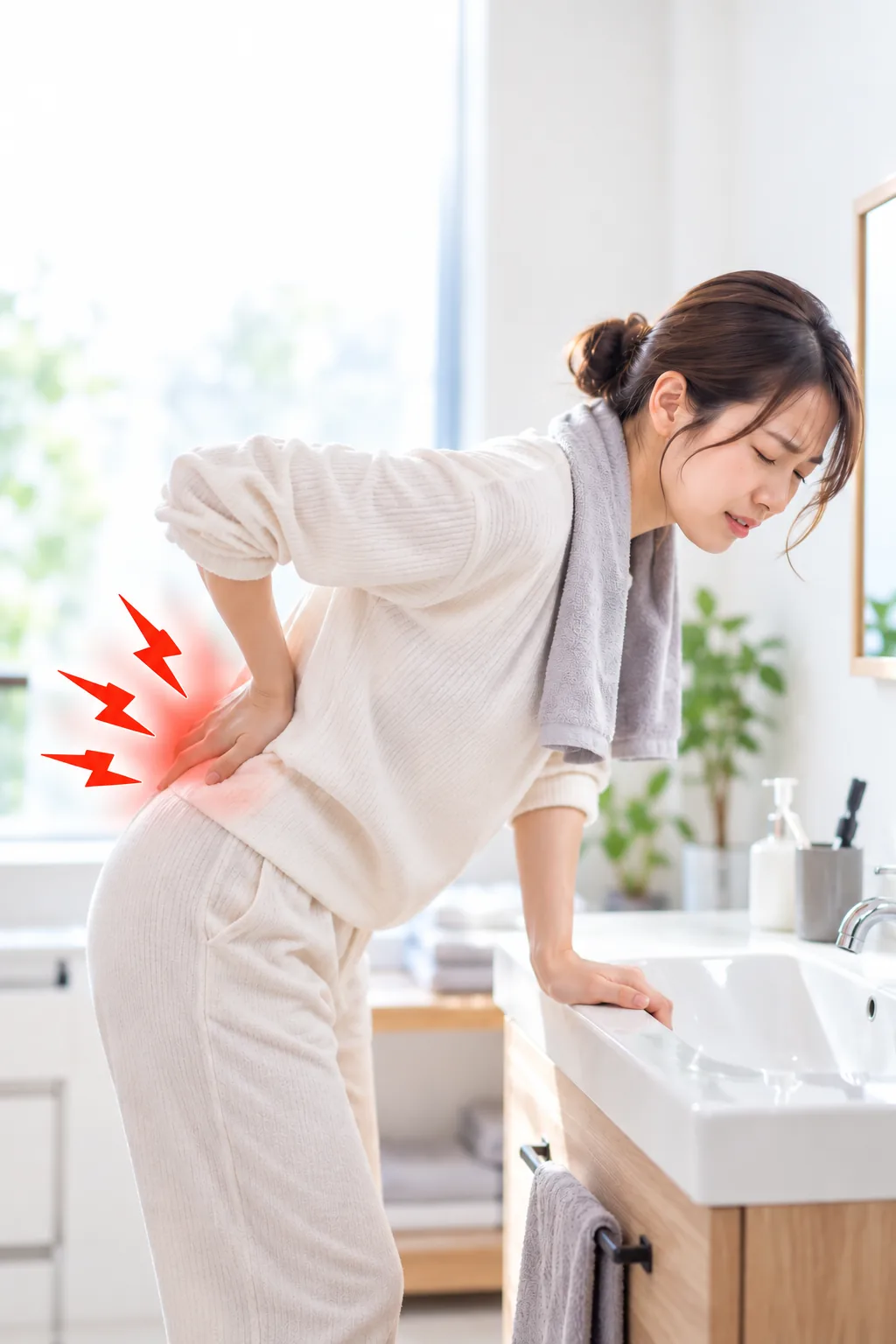 顔を洗うときに腰が痛む場面のイメージ
